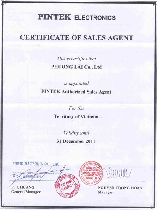 Chứng nhận Phương Lai là đại lý bán hàng Pintek